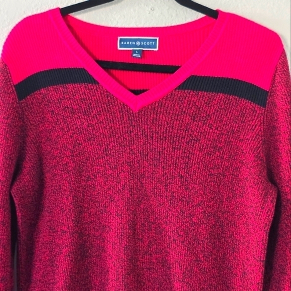 Karen Scott Sweater Womens Sz L Contrast Varsity Striped V-Neck Colorful - Picture 2 of 9